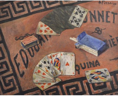 20th Century School. Playing Cards on a Table, Signed A. Ferrari, Oil on Canvas, 15" x 18".