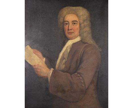 Circle of Thomas Hudson (1701-1779) British. Half Length Portrait of a Wigged Gentleman, Holding a Letter, Oil on Canvas, 36"