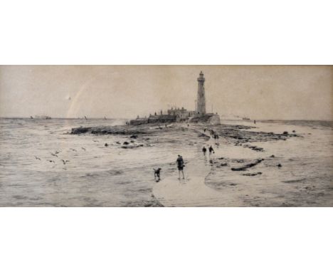 William Lionel Wyllie (1851-1931) British. "St Mary's Island Lighthouse, Whitley Bay", Etching, Signed in Pencil, 6.25" x 14.
