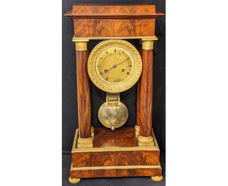 A 19th century French mahogany portico clock, ormolu mounts, raised on four pad feet, 8 day movement, H.55cm W.27.5cm