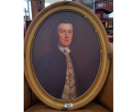 A.T.O. A COLOURED OVAL PORTRAIT PRINT of an 18th century gentleman. 17" x 20.75".