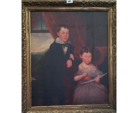 A.T.O. A COLOURED PORTRAIT PRINT of a boy and a girl, framed. 24" x 28.25".