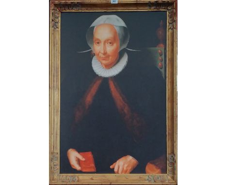 A.T.O. A COLOURED PORTRAIT PRINT of an elderly lady, framed. 29" x 42".