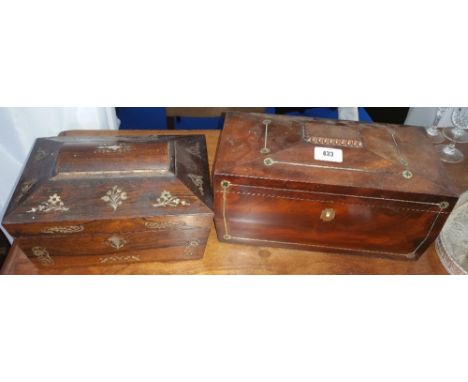 A REGENCY MAHOGANY SARCOPHAGUS SHAPED TEA CADDY with fitted interior, along with a rosewood jewellery box (2).