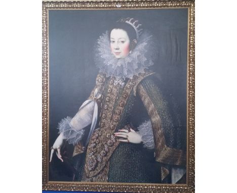 A.T.O. A COLOURED PORTRAIT PRINT of a lady in a period dress. 64" x 78".