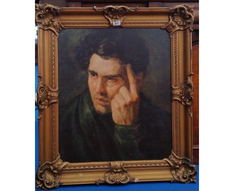 A.T.O. A LARGE COLOURED PORTRAIT PRINT of a man thinking, in a good gilt frame. 31.5" X 35.5".