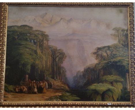 A.T.O. A COLOURED PRINT of a forest scene in a highly gilt frame. 5' x 4'.
