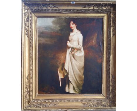 A LARGE COLOURED PRINT of a young lady, Marcia B Fox,  mounted in a wonderful early 19th century frame. 42" x 48".
