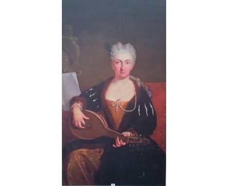 A.T.O. A VERY LARGE COLOURED PORTRAIT PRINT of a lady playing a lute. U.F. 41.5" x 72.25".