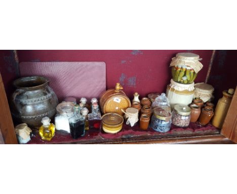 A SHELF OF VARIOUS PANTRY KITCHENALIA to include 19th century salt glazed ink pots, glass preserving jars, bottles, etc. (Sir