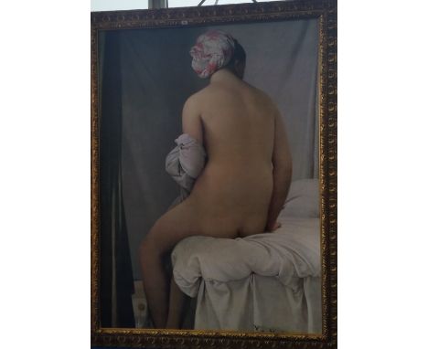 A.T.O. A VERY LARGE COLOURED PORTRAIT PRINT of a naked woman in a highly ornate frame. 68" x 90".