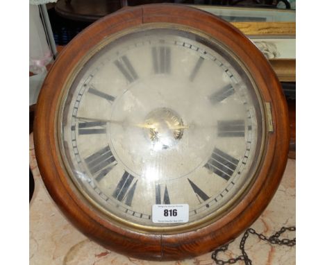A GOOD 20TH CENTURY WALL CLOCK with a white painted face, mahogany surround and roman numerals enclosed by a convex glass and