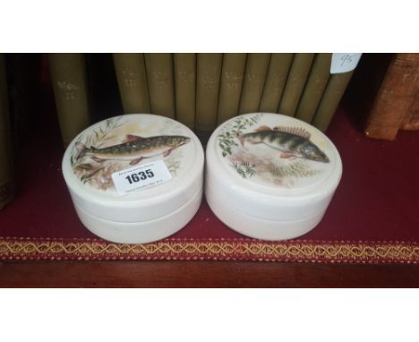 TWO CERAMIC 20TH CENTURY LIDDED POTS FOR 'THE GENTLEMAN'S RELISH', with fish decoration on lids.