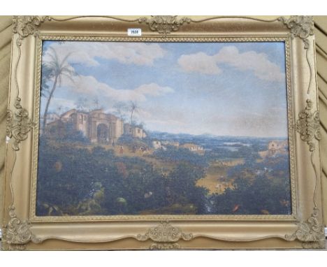 A.T.O. A COLOURED PRINT of an eastern scene, framed. 34" x 26".