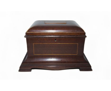 AN EDWARDIAN MAHOGANY & STRING INLAID TABLE LETTER CABINET with two lift-out trays, on ogee bracket feet (Sir Malcolm's Hall)