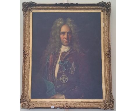 A.T.O. A VERY LARGE COLOURED PORTRAIT PRINT of a military man in period dress in a magnificent 19th century gilt frame. 48.5"