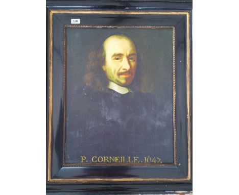A.T.O. A COLOURED PRINT of a gentleman P Corneille 1647, in a late 19th century ebonised frame. 28" x 32.75".