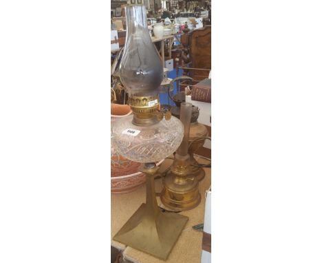 A LOVELY ART NOUVEAU STYLE OIL LAMP with clear glass bowl and two others.