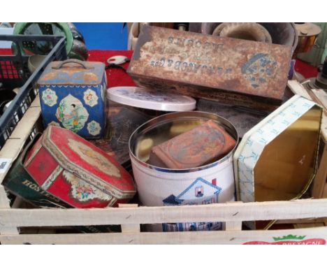 TWO BOX LOTS OF VINTAGE ADVERTISING TINS various dates and makers.