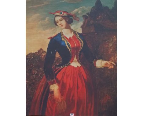 A.T.O. A VERY LARGE COLOURED PORTRAIT PRINT of a woman with a red dress. U.F. 42.75" x 55".