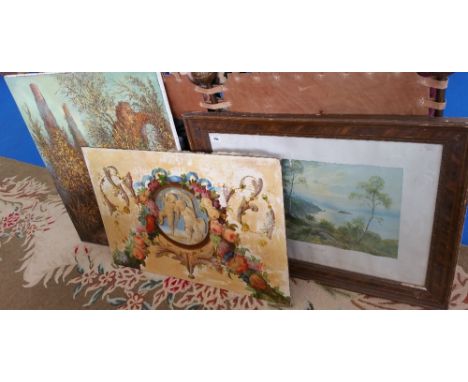 THREE PICTURES comprising of an oil on canvas depicting a forest scene signed TH Mauve; a print depicting cherubs and a colou