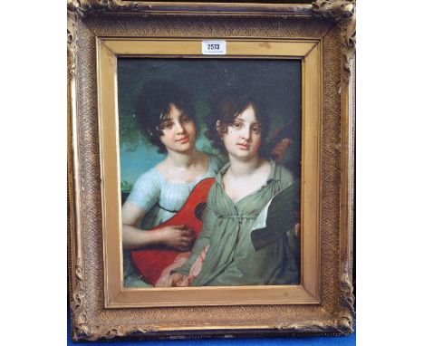A.T.O. A COLOURED PORTRAIT of two young 19th century girls  in a 19th century gilt frame. 18.75" x 22".