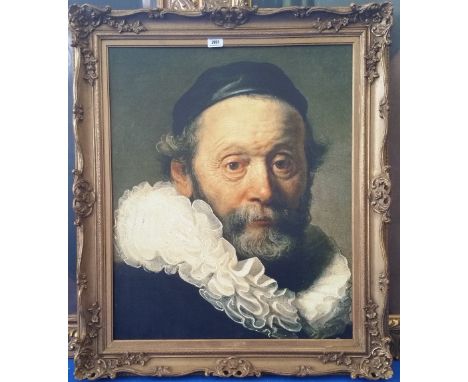 A.T.O. A COLOURED PORTRAIT PRINT of a bearded gentleman in period dress, well framed. 31.5" x 37".