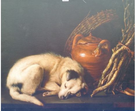 A.T.O. A COLOURED PRINT of a dog sleeping. 32" x 26.75".