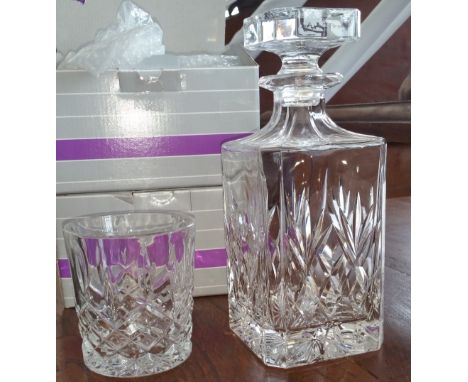 A SET OF EIGHT WATERFORD MARQUIS WHISKEY TUMBLERS & SPIRIT DECANTER.
