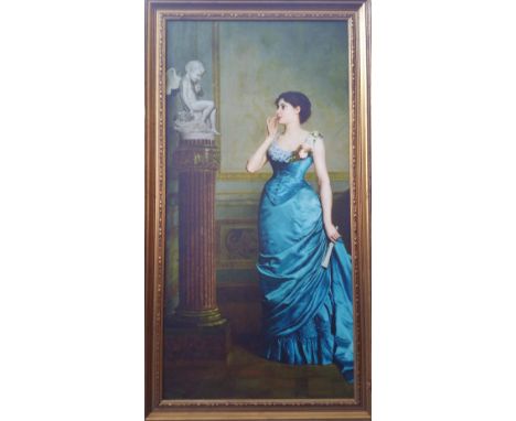 A.T.O. A LOVELY COLOURED PORTRAIT PRINT of a woman in a blue dress, well framed. 29" x 53".