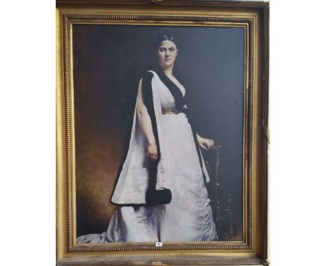 A.T.O.A VERY LARGE COLOURED PRINT of a woman in a fabulous early 19th Century period gilt frame. 49.5" x 60.5"