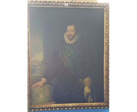 A.T.O. A LARGE COLOURED PRINT of a 17th century gentleman in an ornate gilt frame. 40 x 50".