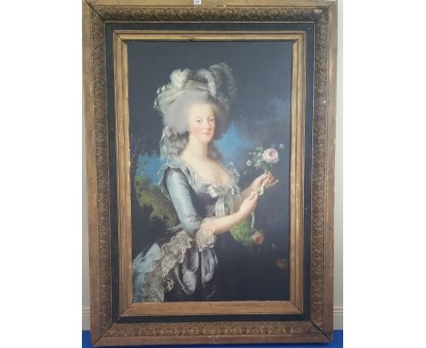 A.T.O. A VERY LARGE COLOURED PORTRAIT PRINT of a lady in a blue dress in a 19th century frame. 54" x 74.5".