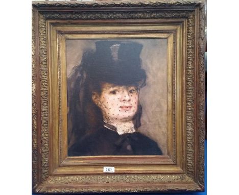 A.T.O. A COLOURED PORTRAIT  of a young girl in mourning wear, well framed. 23" x 25.5".