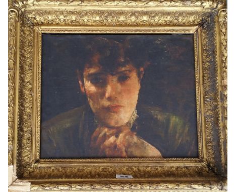 A.T.O. A COLOURED PRINT of a pensive young female, in a highly ornate 19th century period frame. 21,5" x 18.5".