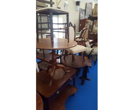 A GOOD GROUP OF FURNITURE to include an umbrella stand, an oak carver, an oak plant stand, wine table, torchere, tripod table