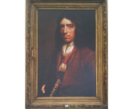 A.T.O. A VERY LARGE COLOURED PORTRAIT PRINT of a gentleman in a period 19th century gilt frame. 43.5"x 59".