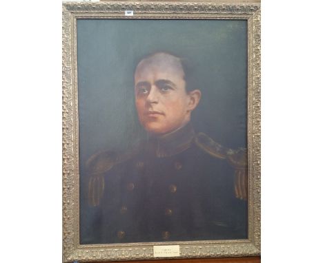 A.T.O. A COLOURED PORTRAIT PRINT of Captain Robert Falcon Scott, in a highly ornate frame. 38.5" x 49".
