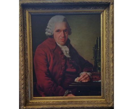 A.T.O. A COLOURED PORTRAIT PRINT of a scientist in a period 19th century frame. 29.5" x 33.5".