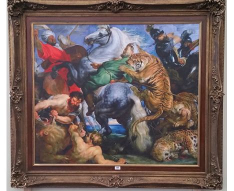 A.T.O. A LARGE COLOURED PORTRAIT PRINT of a Roman battle scene, well framed. 58" x 50".