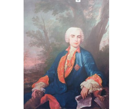 A.T.O. A COLOURED PORTRAIT PRINT of a gentleman in period dress. U.F. 29" x 36".