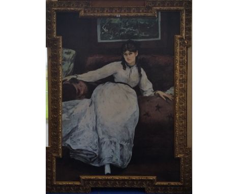 A.T.O. A LOVELY COLOURED PORTRAIT PRINT of a girl in a white dress in a highly ornate frame. 65" x 86".