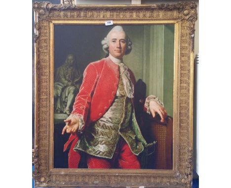 A.T.O. A COLOURED PORTRAIT PRINT of an 18th century gentleman in a period frame. 32" x 37".