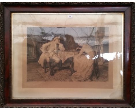 A LARGE BLACK AND WHITE PRINT of a couple playing chess, framed. 45.25" 36.25"