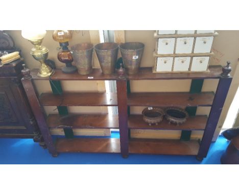 A 19TH CENTURY MAHOGANY AND PINE FOUR TIER WALL HANGING OPEN SHELF, approx. 5' long. (Sir Malcolm's Kitchen).