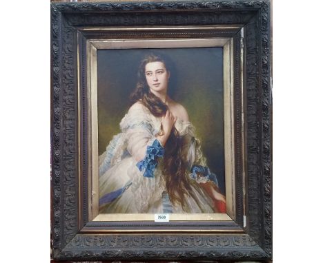 A.T.O. A COLOURED PORTRAIT PRINT of a lady, framed. 23" X 27".