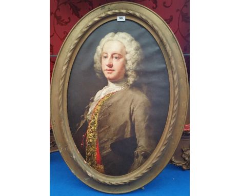 A.T.O. AN OVAL COLOURED PORTRAIT PRINT of a gentleman in 19th century dress in a period 19th century gilt frame. 26.25" X 36"