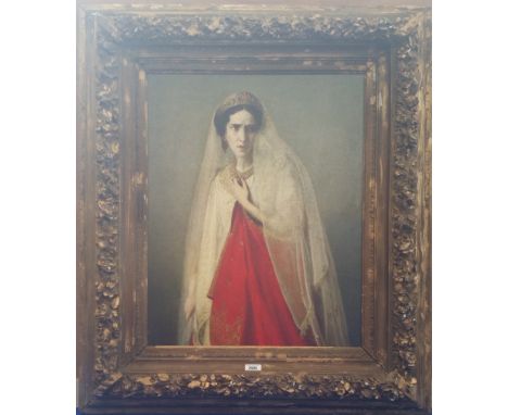 A.T.O. A COLOURED PORTRAIT PRINT of a lady with a veil in a 19th century gilt frame. 33.25" X 39.75".