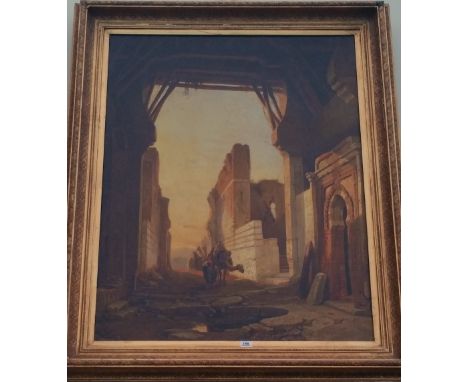 A.T.O. A LARGE COLOURED PRINT of an eastern scene in a wonderful gilt frame. 46" x 58".