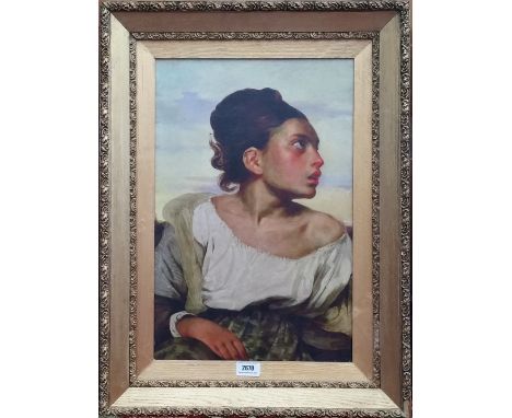 A.T.O. A COLOURED PORTRAIT PRINT of a woman, framed. 19" X 25.5".